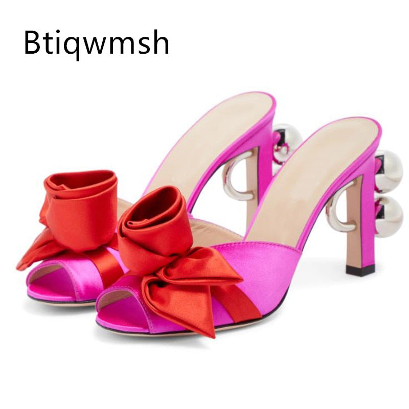 Rose Pink Flower Gladiator Sandals Woman Open Toe Luxury Satin Strange High Heels Mules Lady Sexy Party Shoes - kmtell.com