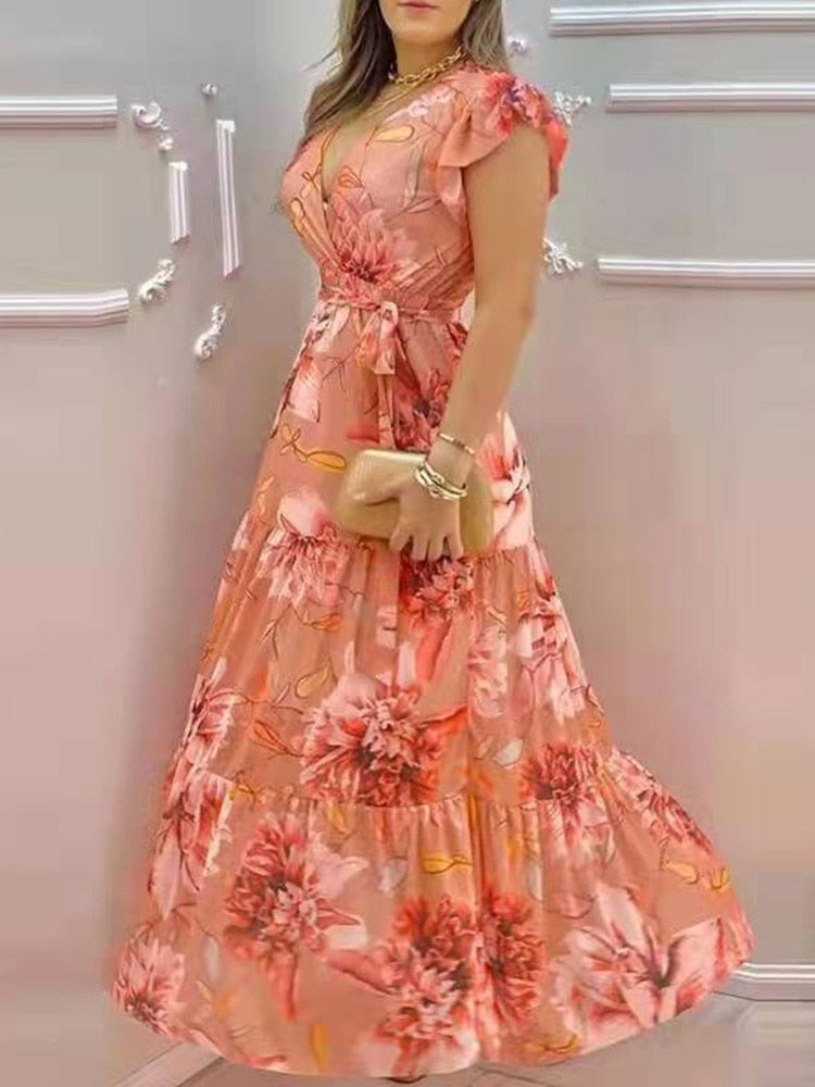 Floral Print Lantern Sleeve V-Neck Chiffon Dress Women Casual Maxi Dress - kmtell.com