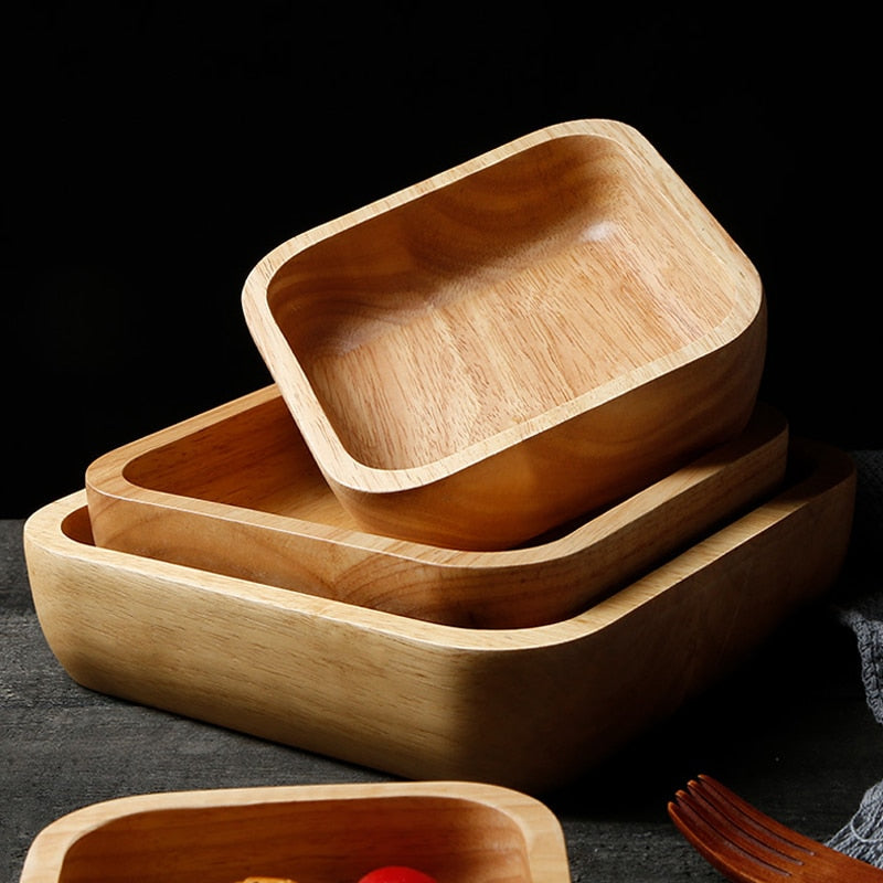 1Pc Square Wood Bowl 4 Size Fruit Salad Bowl Large Small Wooden Plate Snack Dessert Serving Dishes Food Container Wood Tableware - kmtell.com
