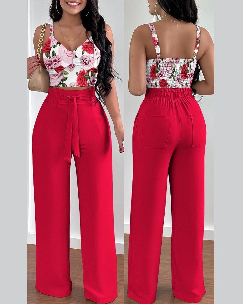 Two Piece Sets Womens Outifits Summer Fashion Printed Suspenders V Neck Sleeveless Crop Top &amp; Casual Wide-Leg Long Pants Set - kmtell.com