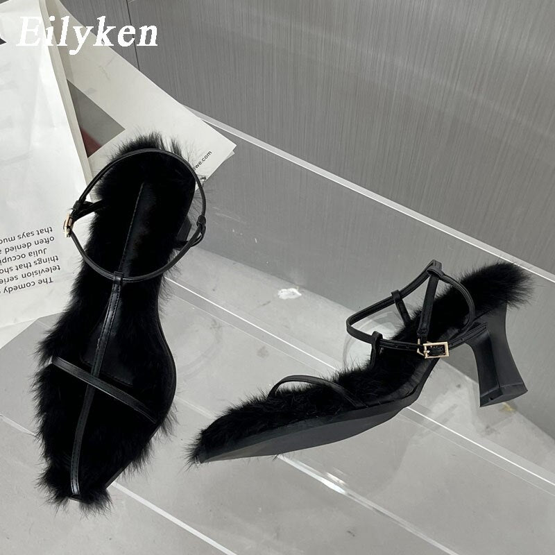 Eilyken 2023 New Brand Plush Fur Fuzzy Sandals Women Square Heels Fashion Pointed Toe Ankle Buckle Strap Slides Shoes - kmtell.com
