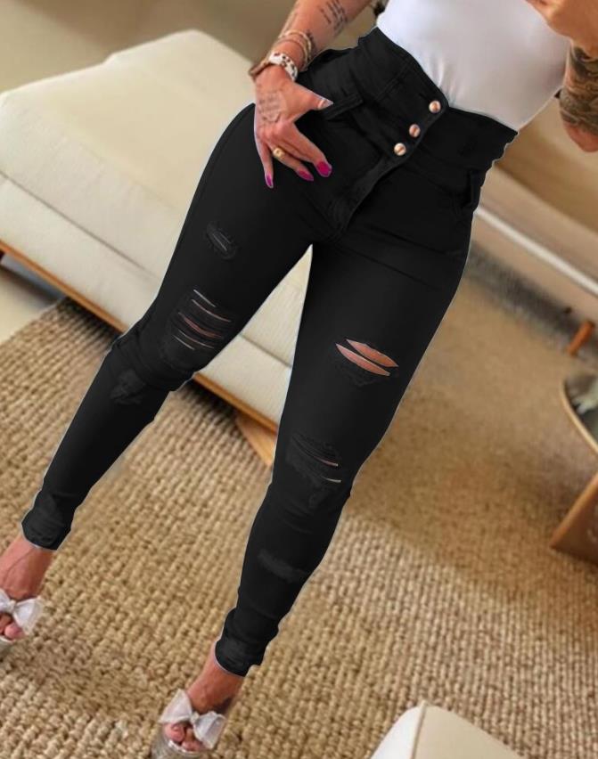 Women&#39;s Jeans 2022 Trend Autumn Fashion High Waist Buttoned Cutout Ripped Casual Skinny Plain Pocket Design Daily Long Jeans - kmtell.com