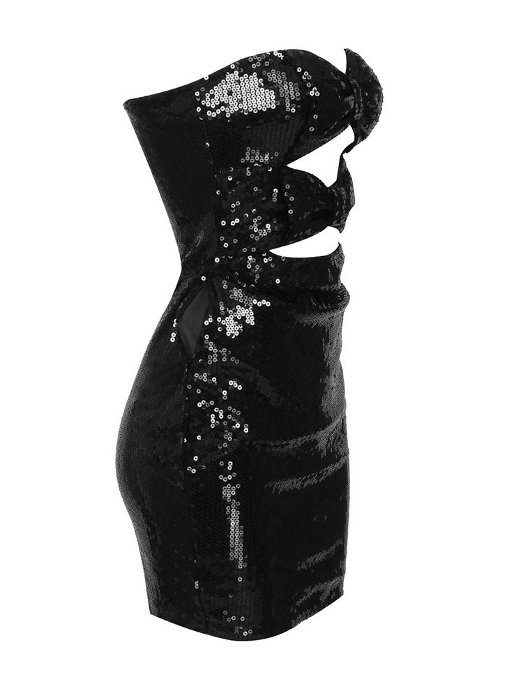 Women Summer Fashion Sexy Strapless Backless Mesh Sequins Glitter Black Mini Bodycon Dress 2022 Elegant Evening Party Club Dress - kmtell.com
