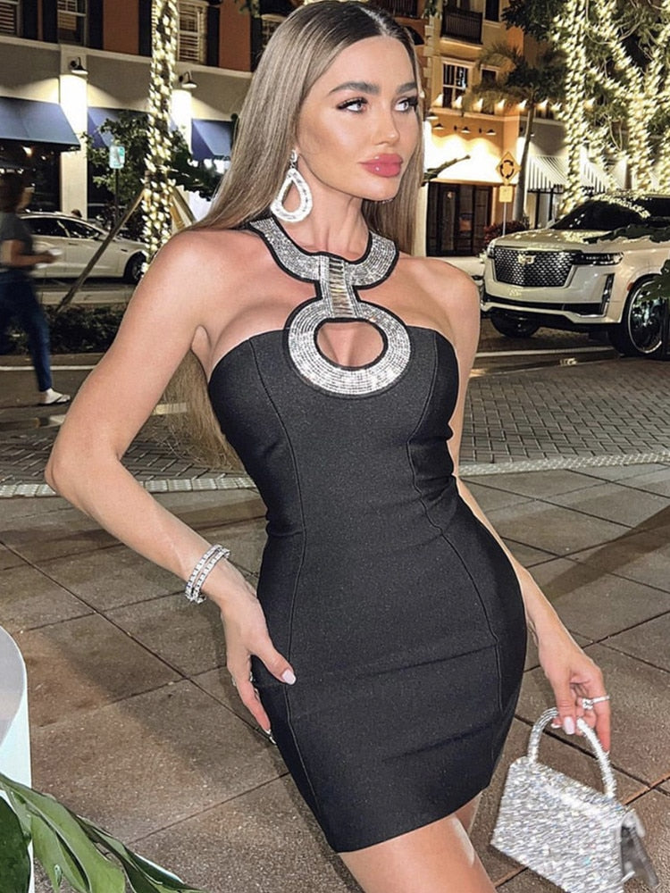 Women Summer Sexy Backless Halter Sequined Diamonds Sparkly Black Bodycon Bandage Dress 2022 Elegant Evening Club Party Dress - kmtell.com