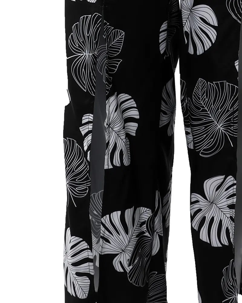 Summer Suit Women Solid Cut-out Tank Top &amp; Tropical Print Split Wide Leg Pants Set - kmtell.com