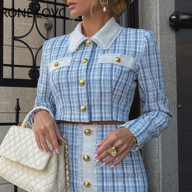 Women Solid Elegant Fragrant Breeze Button and Pocket Turn Down Collar Tweed Formal Skirt Sets - kmtell.com