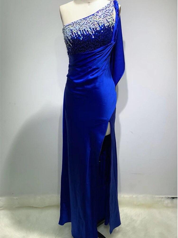 Luxury Women Sexy One Shoulder Mesh Sequins Glitter Blue Maxi Long Bodycon Dress 2022 Elegant Evening Party Club Dress - kmtell.com
