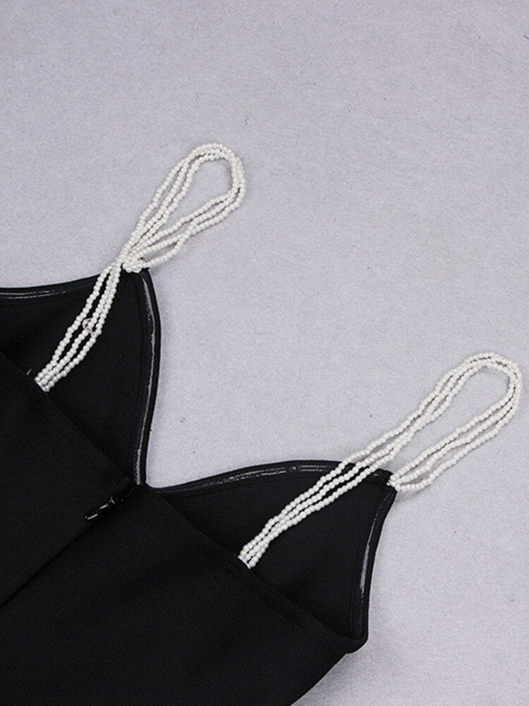New Summer Style Sexy Off Shoulder Pearl Split Midi Black Women Bodycon Bandage Dress 2022 Elegant Evening Club Party Dress - kmtell.com