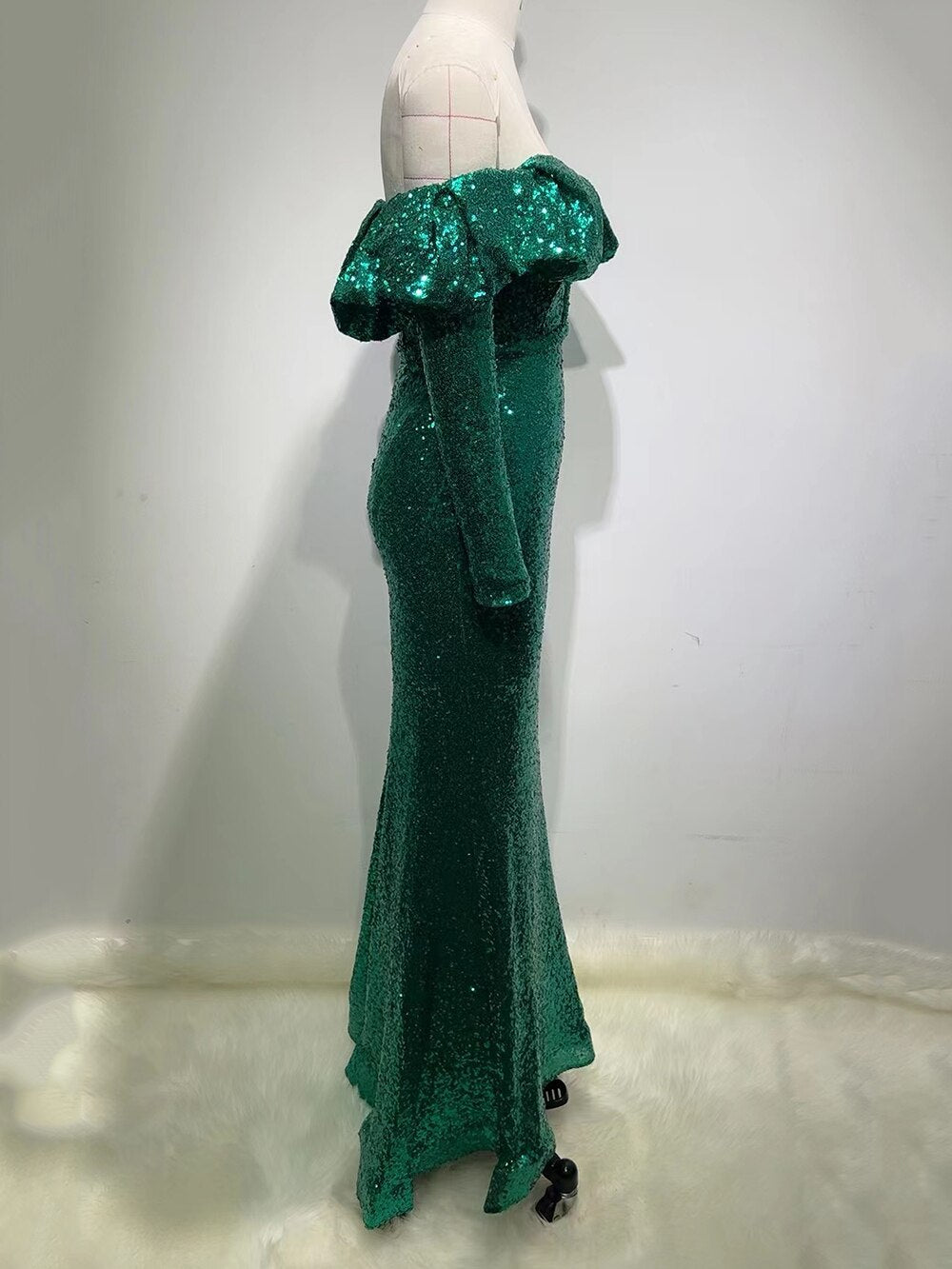 Luxury Women Sexy Long Sleeve Off Shoulder Mesh Sequins Green Maxi Long Bodycon Dress 2022 Elegant Evening Party Club Dress - kmtell.com