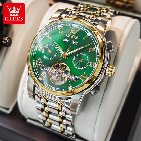 OLEVS Automatic Mechanical Men Watches Stainless Steel Waterproof Date Week Green Fashion Classic Wrist Watches Reloj Hombre - kmtell.com