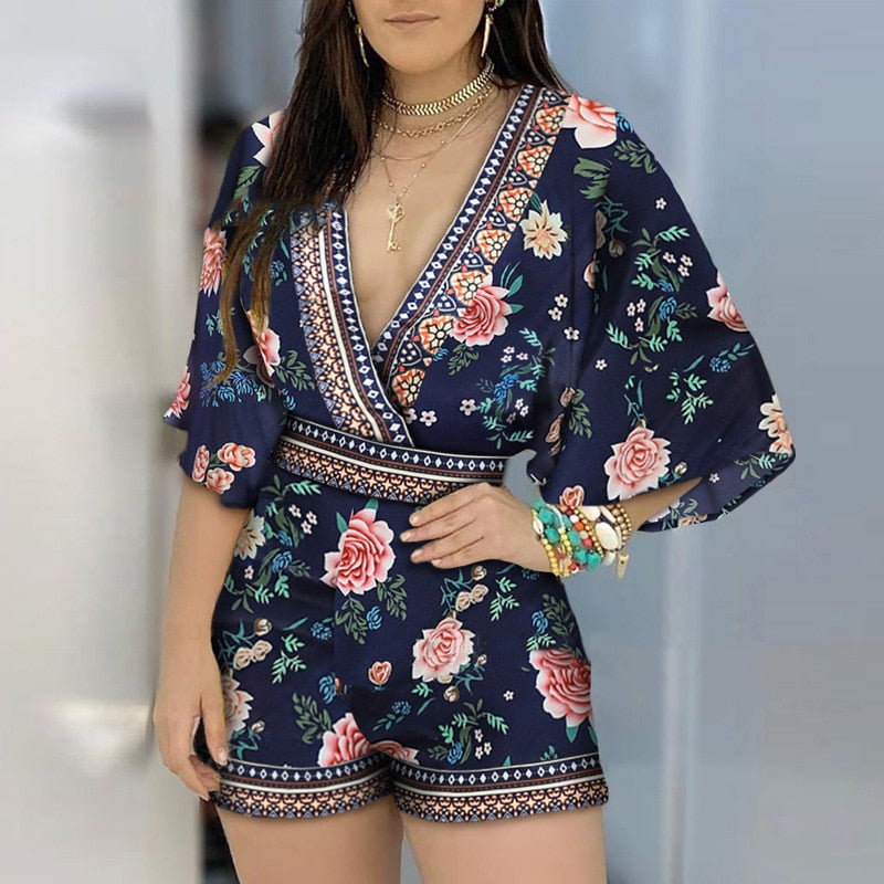 Women Casual Floral Print Jumpsuit 2022 Backless 3/4 Sleeve Romper Women Clothes - kmtell.com