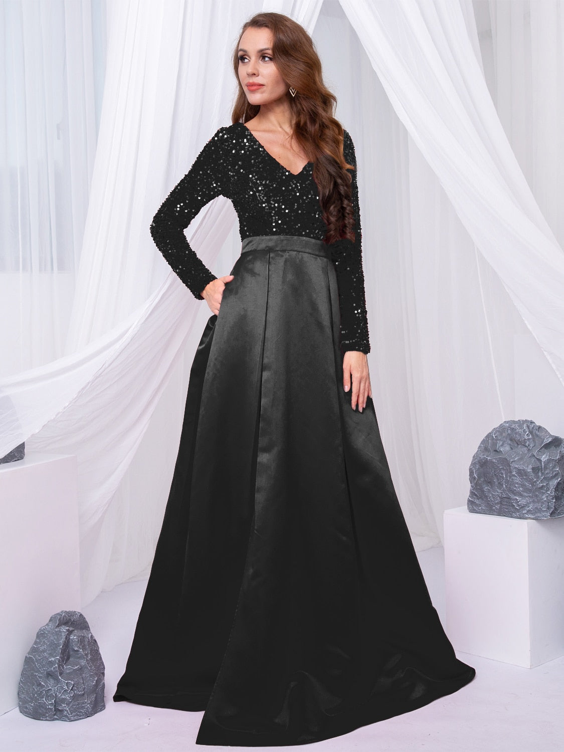 Long Sleeve V Neck Stretch Sparkle Sequin Floor Length Party Dress Slit Patchwork Ball Gown with Porckets - kmtell.com