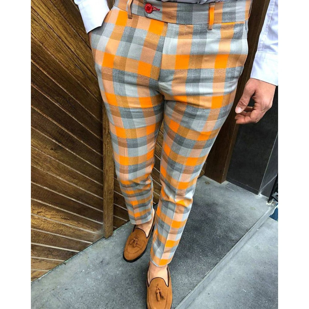 2022 New Arrival  Men&#39;s Checkered Trousers Checked Casual Pants Elegant Skinny Plaid Mid Waist Streatwear Fashion Pencil Pants - kmtell.com