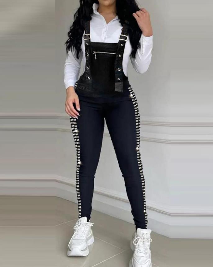Rhinestone Decor Buckled Suspender Jumpsuit 2023 Woman Long Jumpsuits Elegant New Fashion Casual - kmtell.com