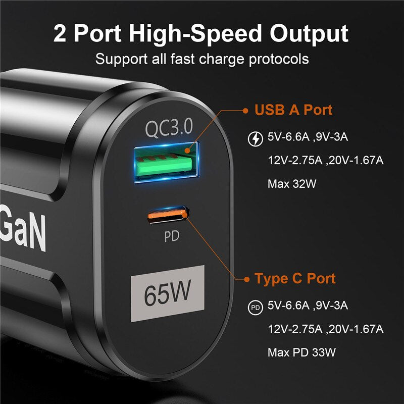 USLION GaN 65W USB C Charger Quick Charge Korea Plug PD USB-C Type C Fast USB Charger For iPhone 13 Xiaomi Samsung Max Macbook - kmtell.com
