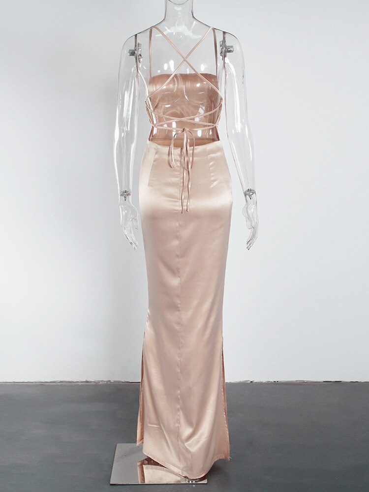 Sexy Champagne Summer Long Satin Maxi Dress Side Slits Backless Lace Up Square Neck Sleeveless - kmtell.com