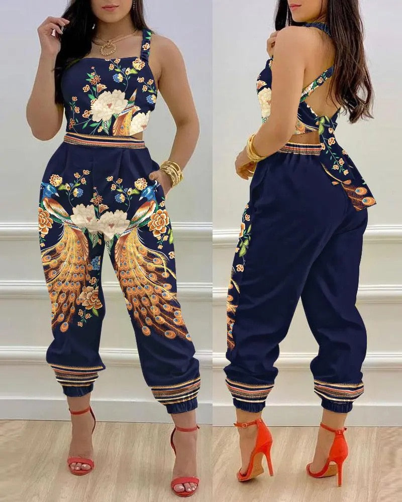 Woman Jumpsuits Elegant 2022 Jumpsuits  Sexy V-neck Sleeveless Printed Jumpsuit New Fashion with Belt Vest Playsuit Streetwear - kmtell.com