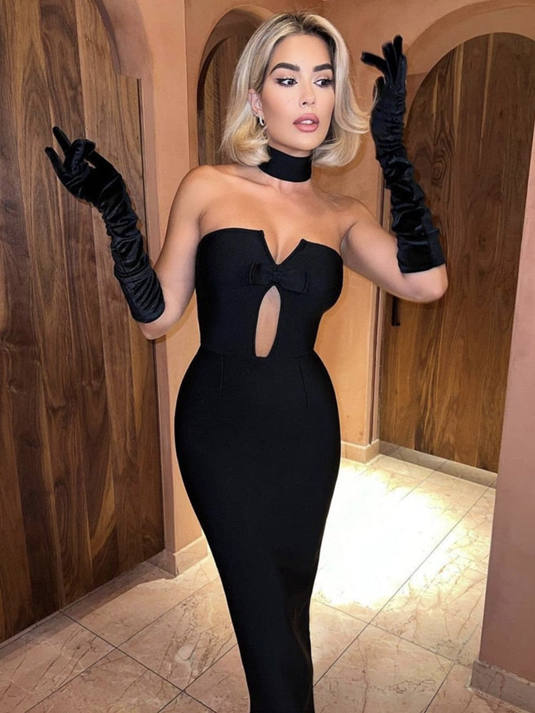Summer Sexy Strapless Backless Bow Tie Hot Pink Black Ankle Women Bodycon Bandage Dress 2022 Elegant Evening Club Party Dress - kmtell.com