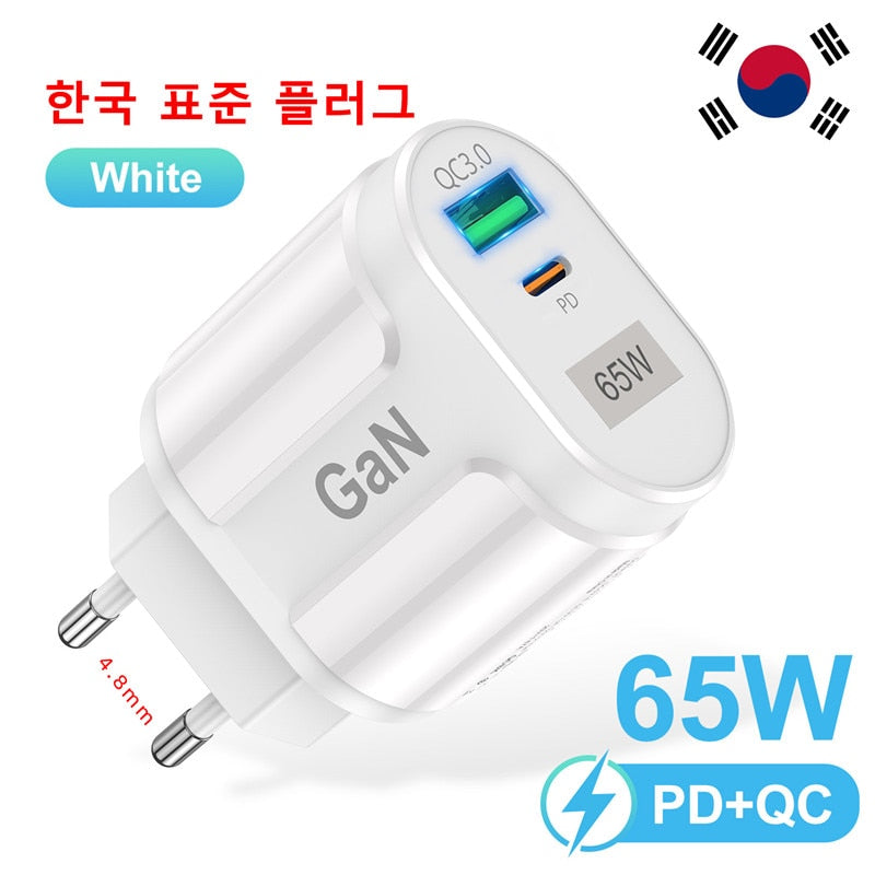 USLION GaN 65W USB C Charger Quick Charge Korea Plug PD USB-C Type C Fast USB Charger For iPhone 13 Xiaomi Samsung Max Macbook - kmtell.com