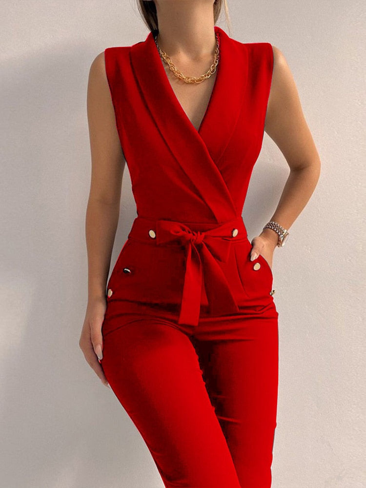 Women Casual V Neck Jumpsuits Button Lace Up Sleeveless Wide Leg Pants Streetwear Overalls - kmtell.com
