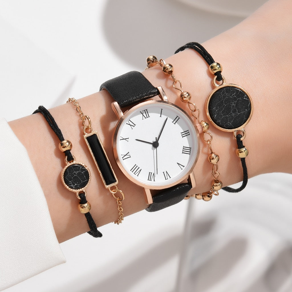 5/2PCS Watch Set For Women Luxury Leather Analog Ladies Quartz Wristwatch Fashion Bracelet Watch 2022 Relogio Feminino New Top - kmtell.com