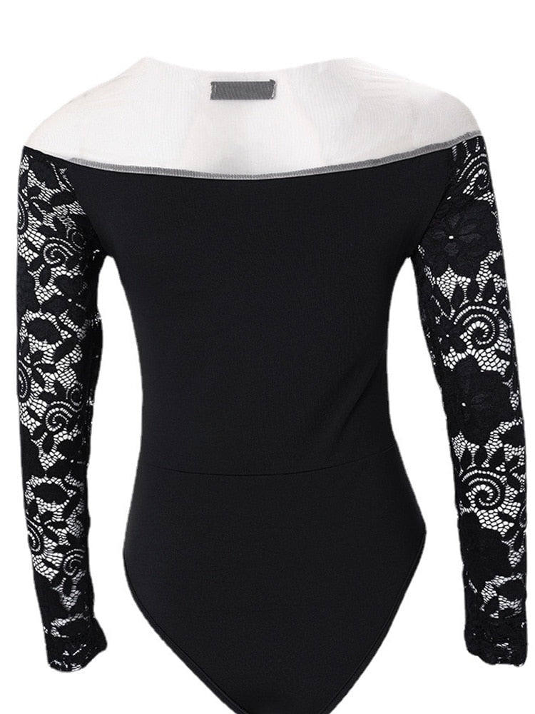 Lace Trim Sheer Long Sleeve V Neck Skinny Rompers Women Bodysuit - kmtell.com