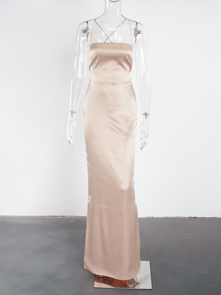 Sexy Champagne Summer Long Satin Maxi Dress Side Slits Backless Lace Up Square Neck Sleeveless - kmtell.com