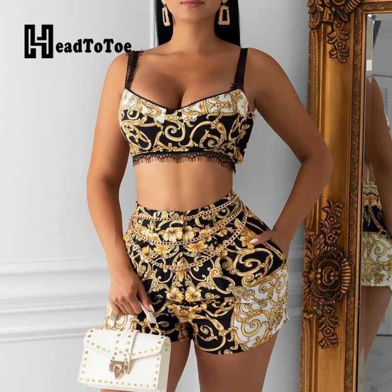 Fashion Print Cami Top &amp; Short Sets Summer 2 Piece Outfits for Women Sexy V Neck Thick Strap Crop Tops and High Waist Shorts Set - kmtell.com