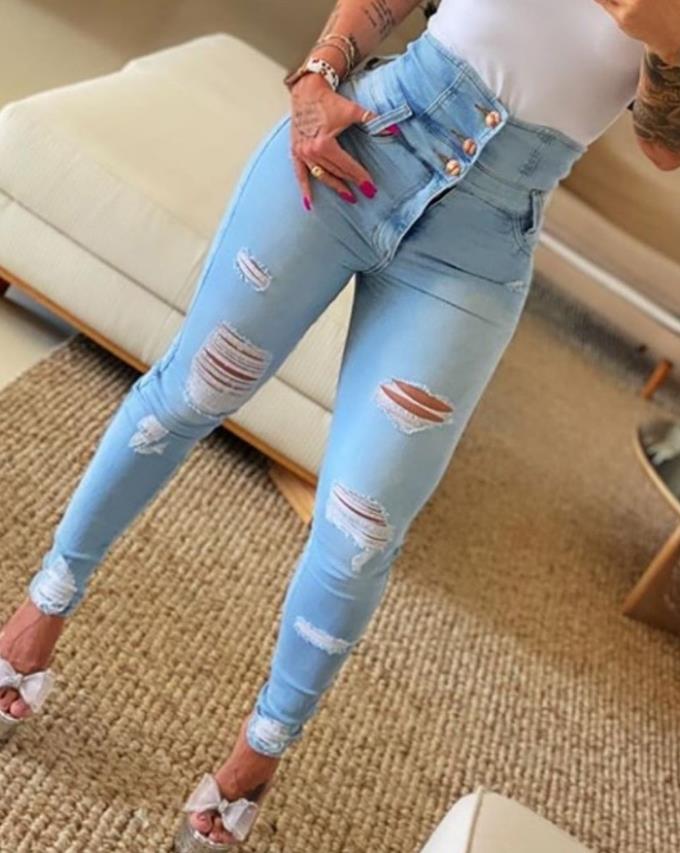 Women&#39;s Jeans 2022 Trend Autumn Fashion High Waist Buttoned Cutout Ripped Casual Skinny Plain Pocket Design Daily Long Jeans - kmtell.com