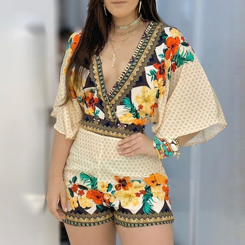 Women Casual Floral Print Jumpsuit 2022 Backless 3/4 Sleeve Romper Women Clothes - kmtell.com