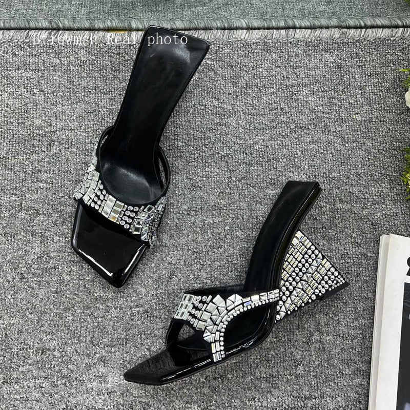 Pink Rhinestone Sandals Woman Open Toe Diamond Strange High Heels Wedges Shoes For Women Sexy Mules Slippers - kmtell.com