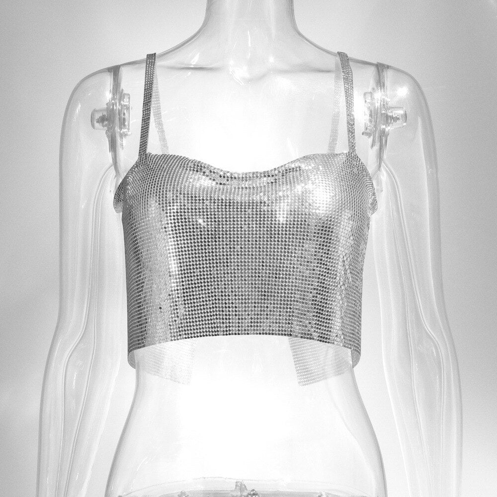 Sexy Glitter Metal Backless Crop Top 2023 Summer Beach Party Camisole Sparkly Sequins Nightclub Tank Top - kmtell.com