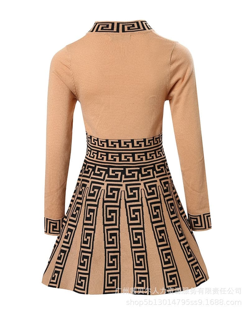 Geometric Print Long Sleeve Work Dress Women High Waist Spring Summer O Neck Fashion Mini Dress - kmtell.com