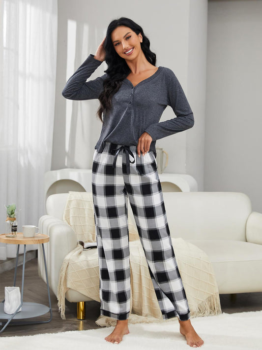 Long Sleeves Women's Pajamas Set Front Button Solid Top & Elastic Plaid Pants Sleepwear 2 Pieces V Neck Nightwear Home Suit - kmtell.com