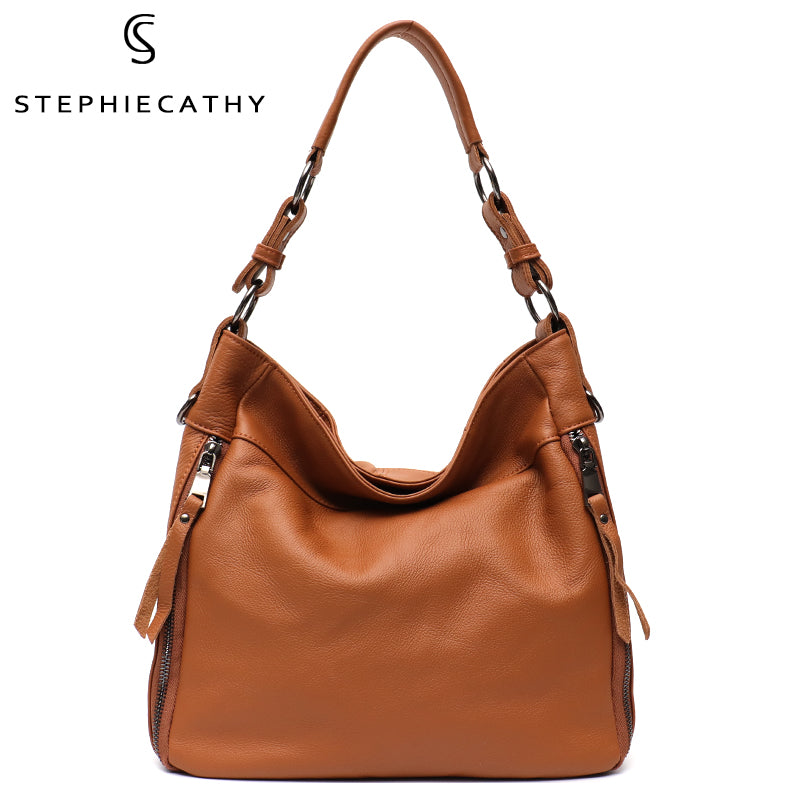 SC Large Casual Shoulder Bag For Women 100% Genuine Leather Hobo Multi Zip Pockets Daily Female Cowhide Crossbody Handbags Purse - KMTELL