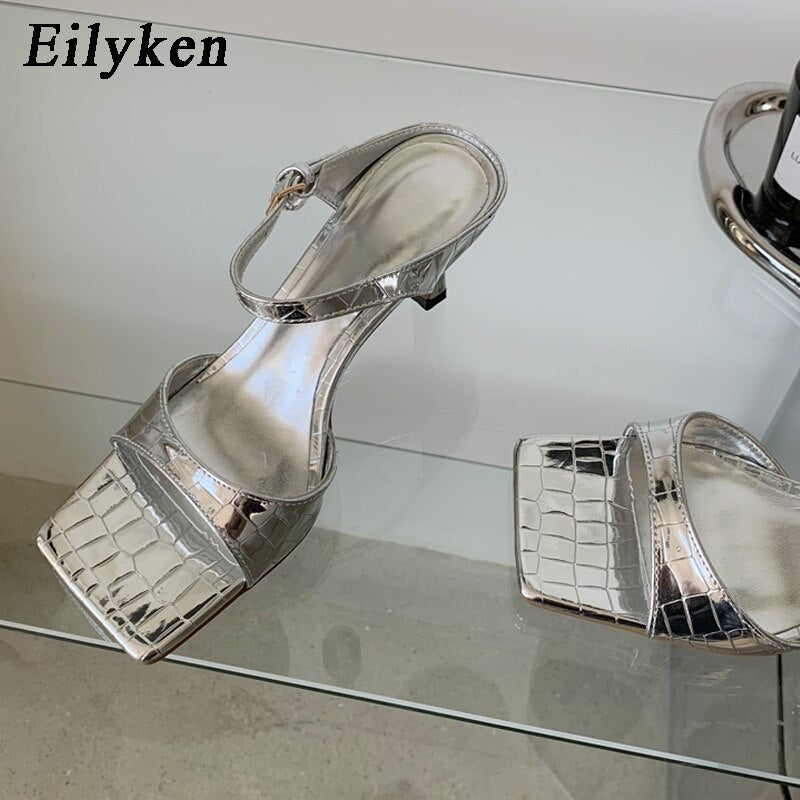 Eilyken Design Gold Silver Women Slipper Elegant Square Toe Low Heels Sandal Shoes High Quality Buckle Slip On Dress Shoes - kmtell.com