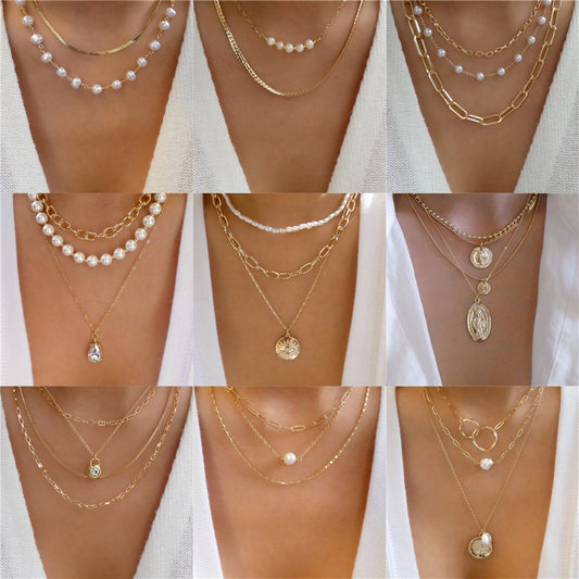 Trendy Gold Color Geometric Beads Crystal Multilayer Necklace For Women Vintage Asymmetrical Pearl Choker Necklace Jewelry Gifts - kmtell.com