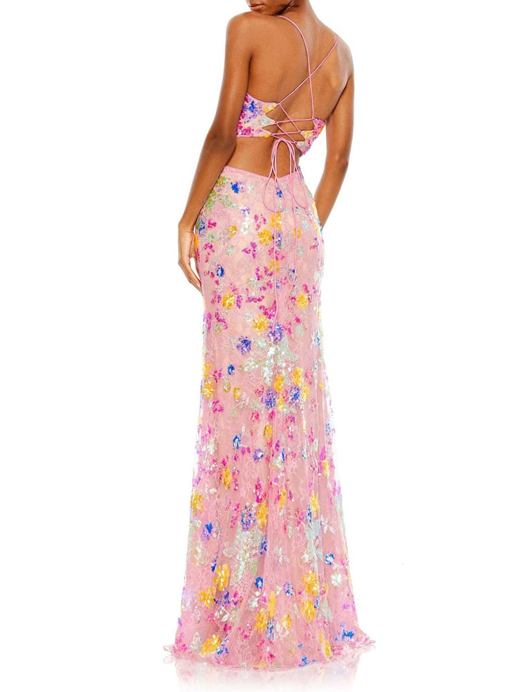Pink Floral Sequin V Neck Maxi Dress Hollow Out Backless Lace Up Sleeveless Sexy Summer Party Resort Dresses - kmtell.com