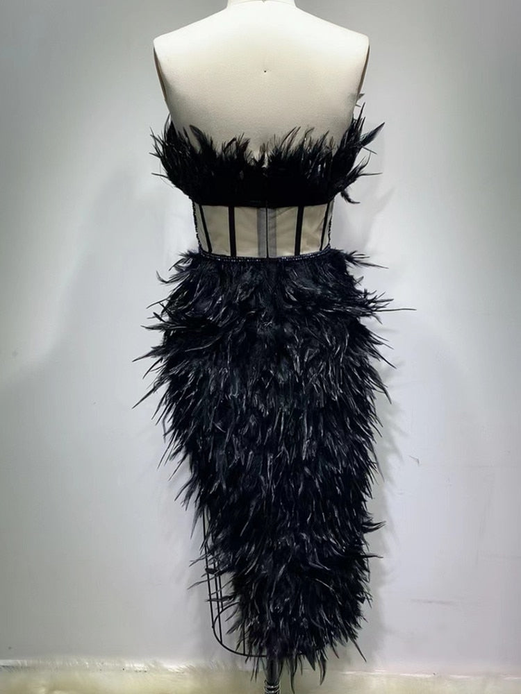New Luxury Sexy Strapless Diamonds Black Feather Maxi Long Women Dress 2022 Celebrity Designer Evening Club Party Dress Vestido - kmtell.com