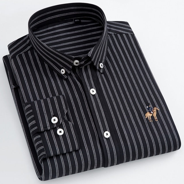 Fashion Men&#39;s Long Sleeve Casual Contrast Striped Oxford Shirt with Embroidered Logo Comfortable Standard-fit Button-down Shirts - KMTELL
