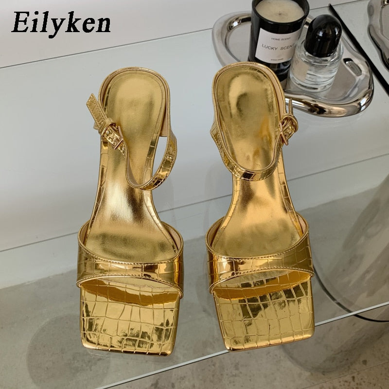 Eilyken Design Gold Silver Women Slipper Elegant Square Toe Low Heels Sandal Shoes High Quality Buckle Slip On Dress Shoes - kmtell.com