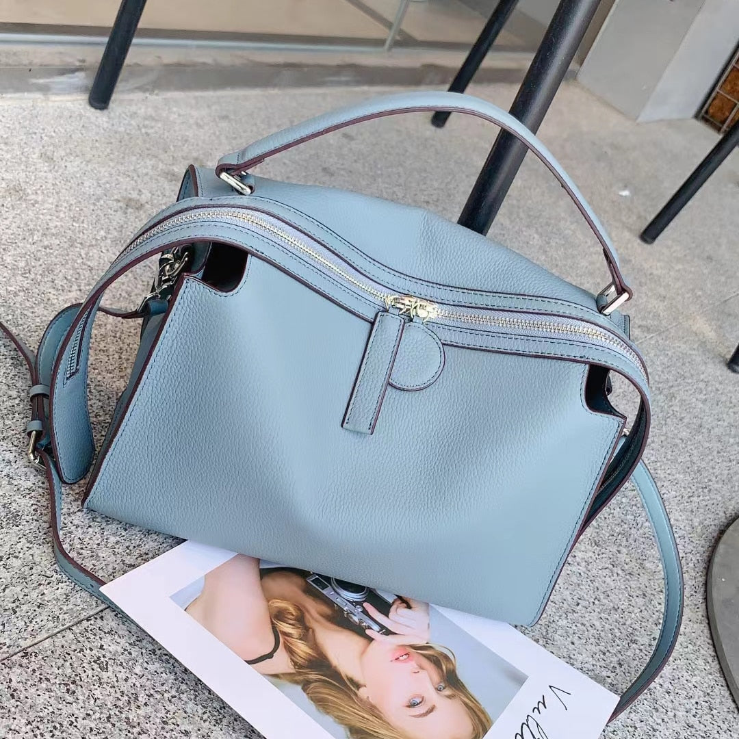 Ins Chic Winter Green Tote Bag Large Oil Wax Patent Cow Leather Women Shoulder Bag Soft High Quality Retro Huge Ladies Hand Bag - kmtell.com