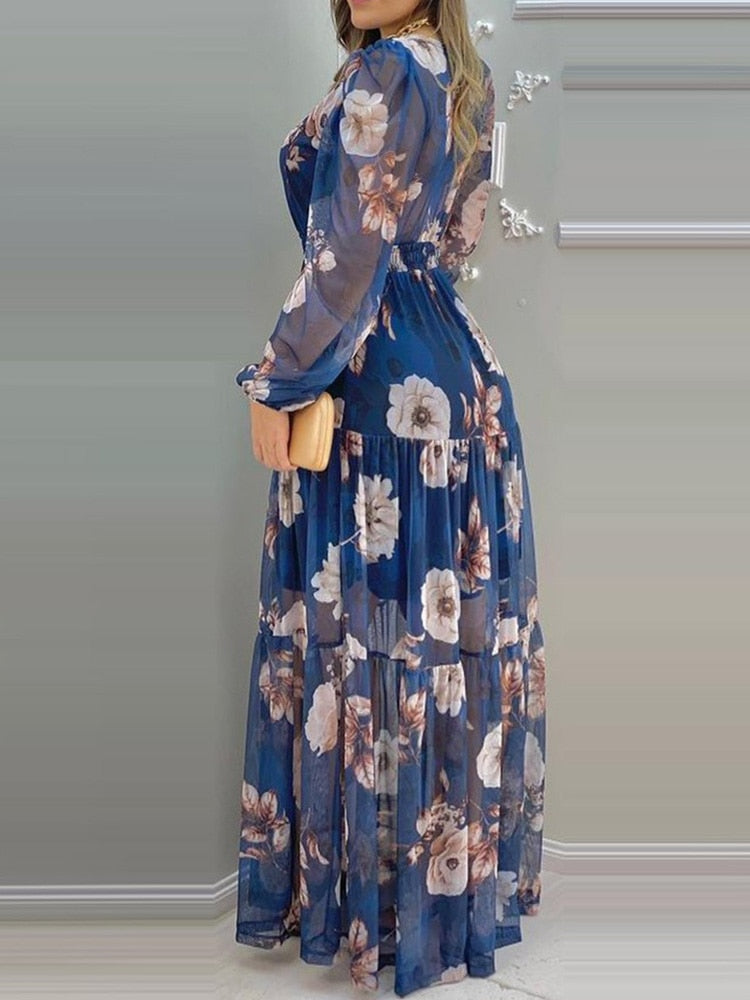 Floral Print Lantern Sleeve V-Neck Chiffon Dress Women Casual Maxi Dress - kmtell.com