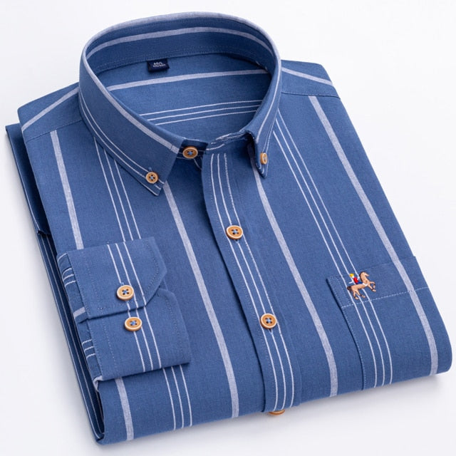 Fashion Men&#39;s Long Sleeve Casual 100% Cotton Striped Oxford Shirt with Embroidered Chest Pocket Standard-fit Button-down Shirts - KMTELL