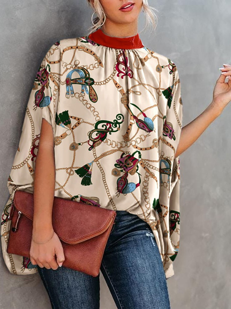 Casual Loose Women&#39;s Blouse Fashion Batwing Sleeve Print O-neck Shirts Top 2023 Spring Summer Office Lady Blouses Elegant Tops - kmtell.com
