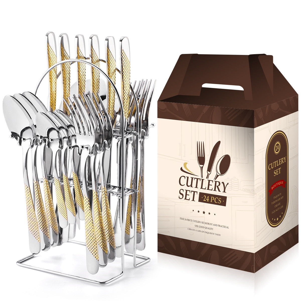24 Pcs Stainless Steel Cutlery Hammer Pattern Ceramic Handle Knife Fork Spoon Set cutlery set travel cutlery set flatware set - kmtell.com