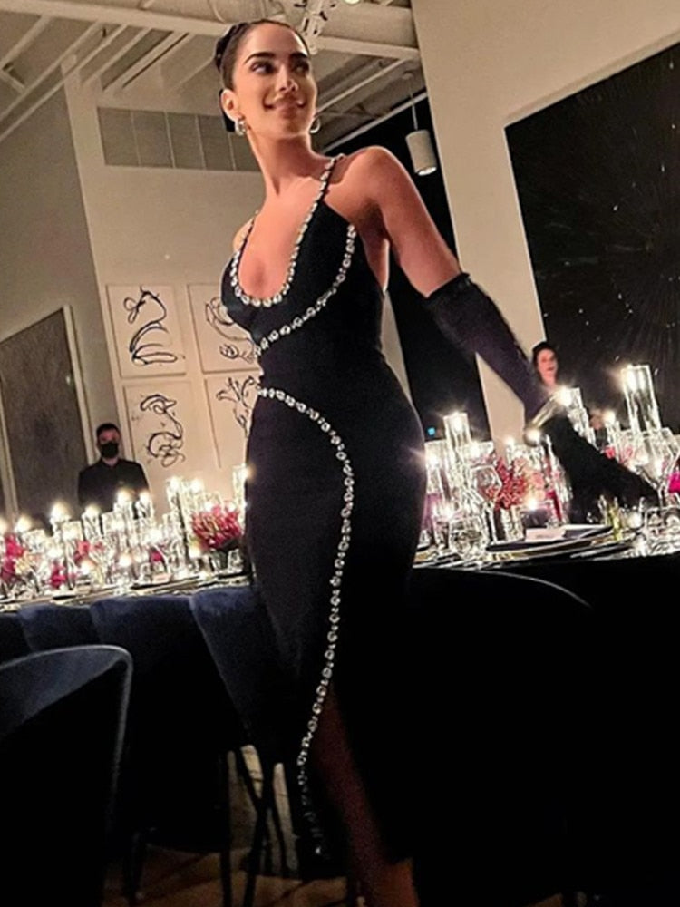 New Women Luxury Sexy Backless Sequined Sparkly Split Black Midi Bodycon Bandage Dress 2022 Elegant Evening Club Party Dress - kmtell.com