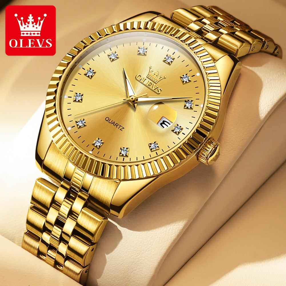OLEVS Original New Gold Quartz Watch for Men Stainless Steel Waterpoof Wristwatch Luxury Top Brand Diamond Dial 42mm Men&#39;s Watch - kmtell.com
