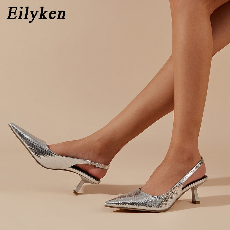 Eilyken Gold Silver Thin Low heels Women Pumps Fashion Gladiator Sandals Slingbacks Party Pointed Toe Prom Shoes - kmtell.com