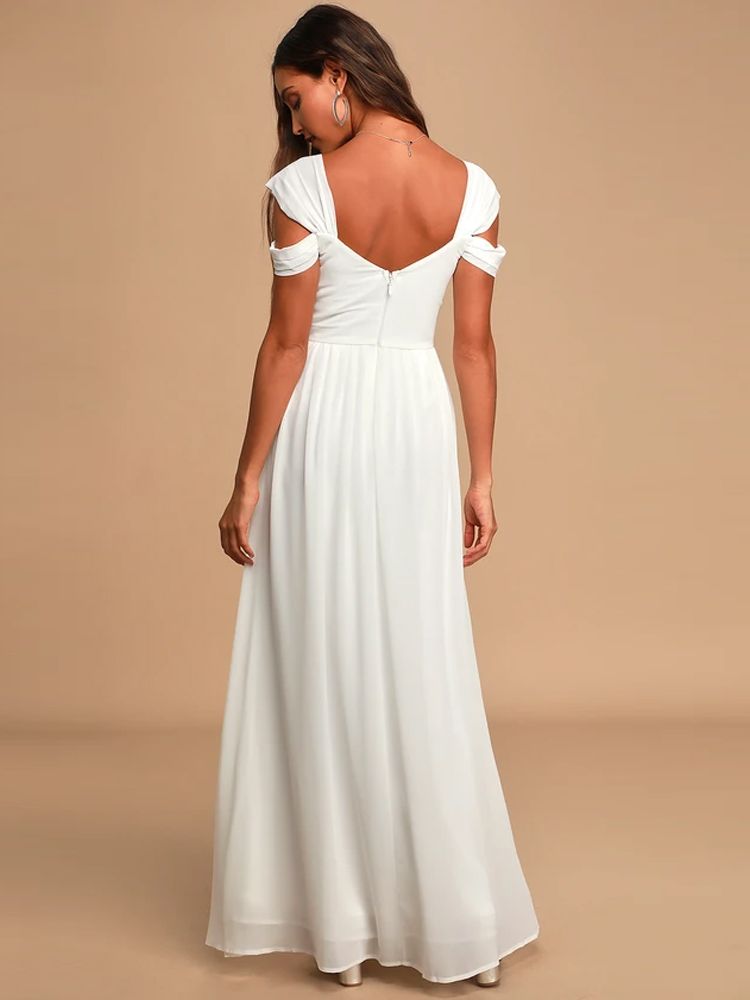 Off the shoulder White Chiffon Long Dress Folds Pleated Backless A Line Summer Vintage Maxi Gown - kmtell.com